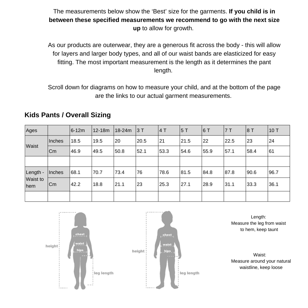 size guide for waterproof pants